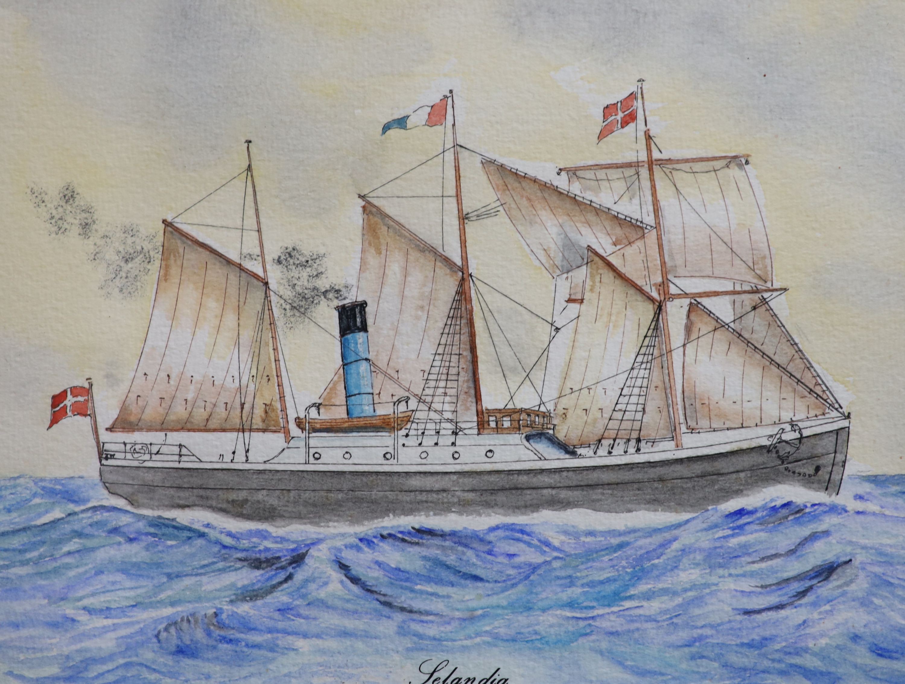 H. Crane, watercolour and gouache, The Danish Steamship, Sigrid, 18 x 35cm, together with five other marine related pictures